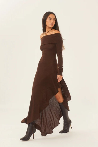 Off Shoulder Long Sleeve Rib Knit Handkerchief Hem Maxi Dress