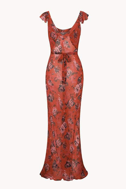 Ruffle Strap Open Back Tie Floral Print Maxi Dress
