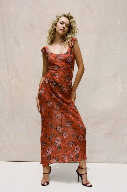 Ruffle Strap Open Back Tie Floral Print Maxi Dress