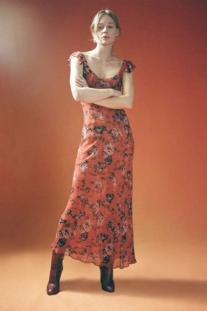 Crinkle Floral Print Ruffle Strap Sleeveless Maxi Dress