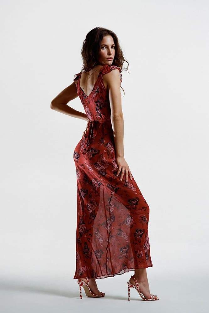 Crinkle Floral Print Ruffle Strap Sleeveless Maxi Dress