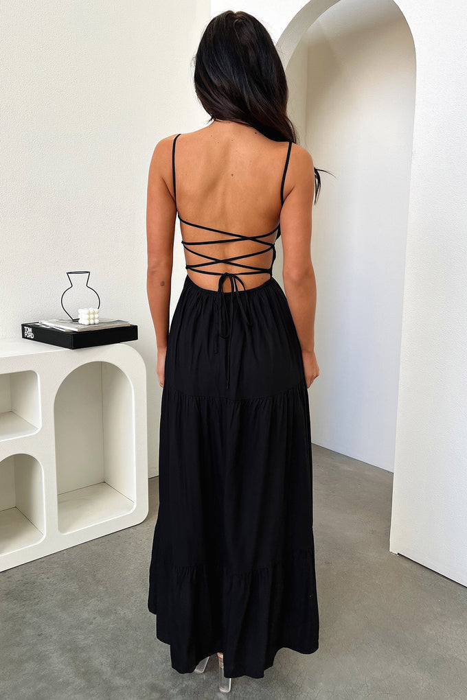Spaghetti Strap Tie-Front Ruched Bust Tiered Column Maxi Dress