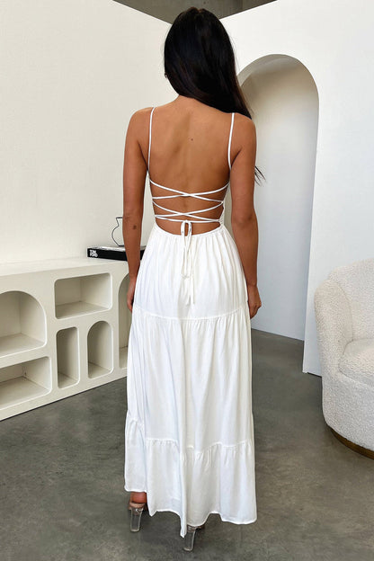 Spaghetti Strap Tie-Front Ruched Bust Tiered Column Maxi Dress