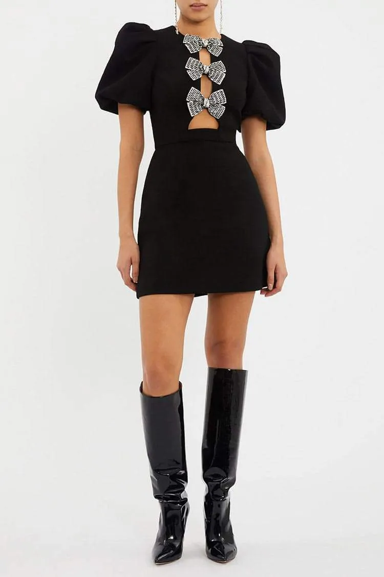 Round Neck Puff Sleeve Rhinestone Bow Cutout Bodycon Mini Dress