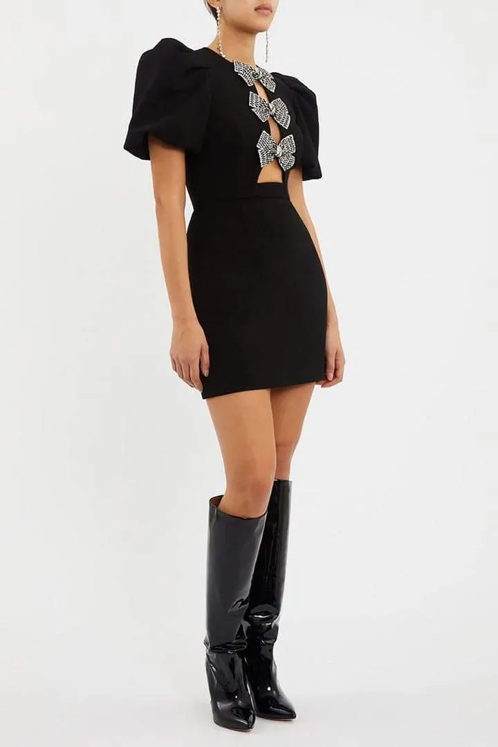 Round Neck Puff Sleeve Rhinestone Bow Cutout Bodycon Mini Dress