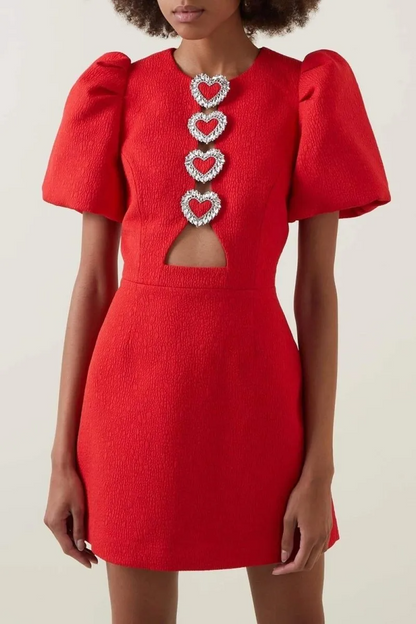 Round Neck Puff Sleeve Rhinestone Bow Cutout Bodycon Mini Dress