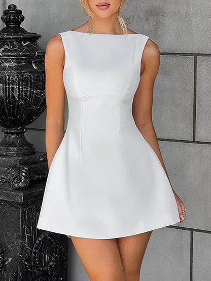 Boat Neck Princess Seam Side Pocket Structured Skater Mini Dress