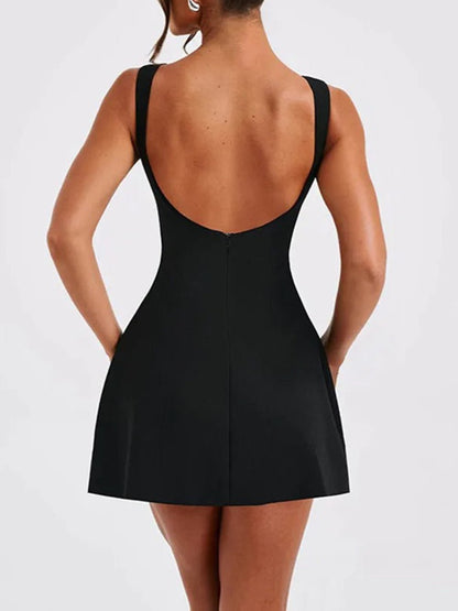 Boat Neck Princess Seam Side Pocket Structured Skater Mini Dress