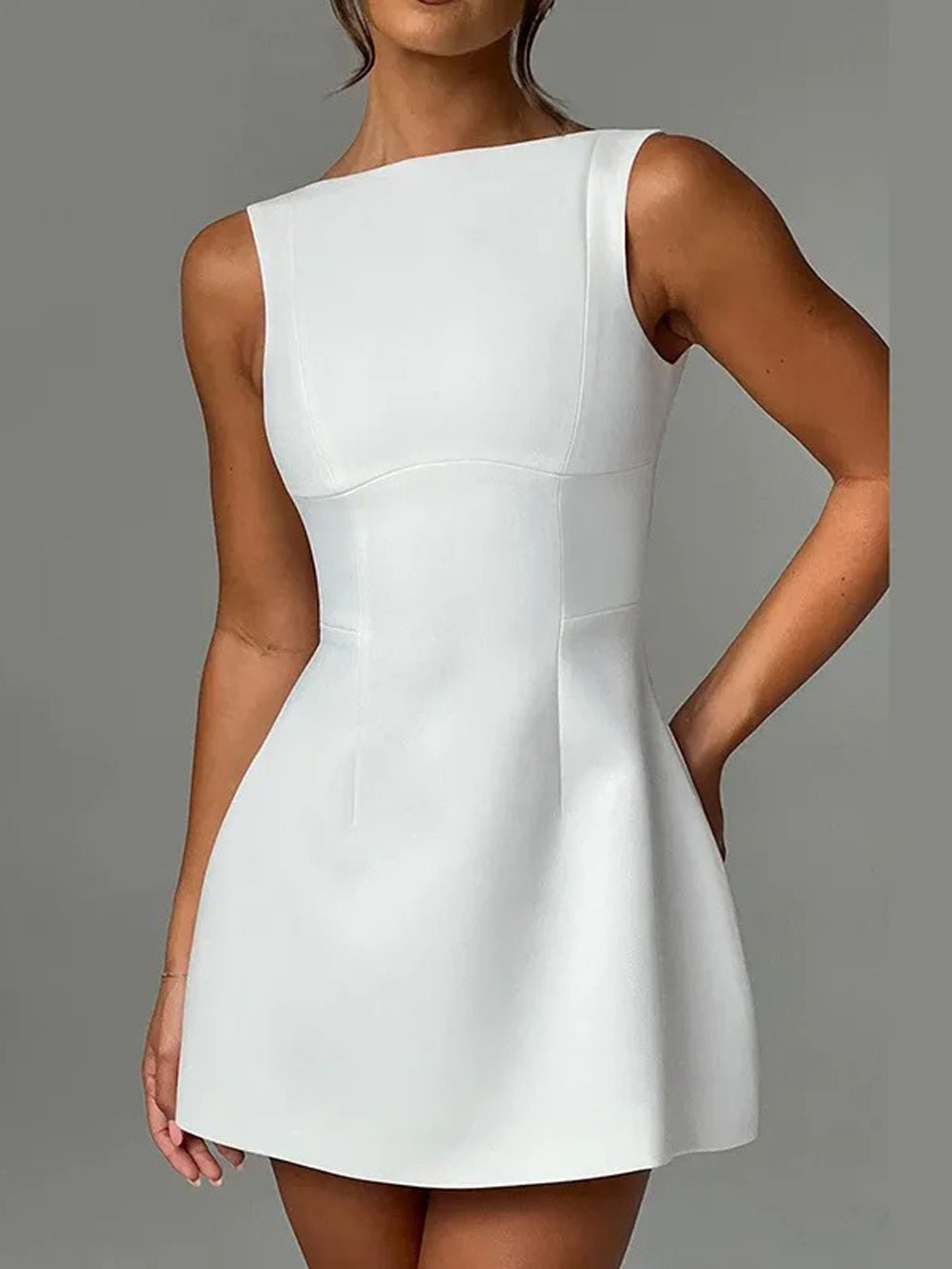 Boat Neck Princess Seam Side Pocket Structured Skater Mini Dress