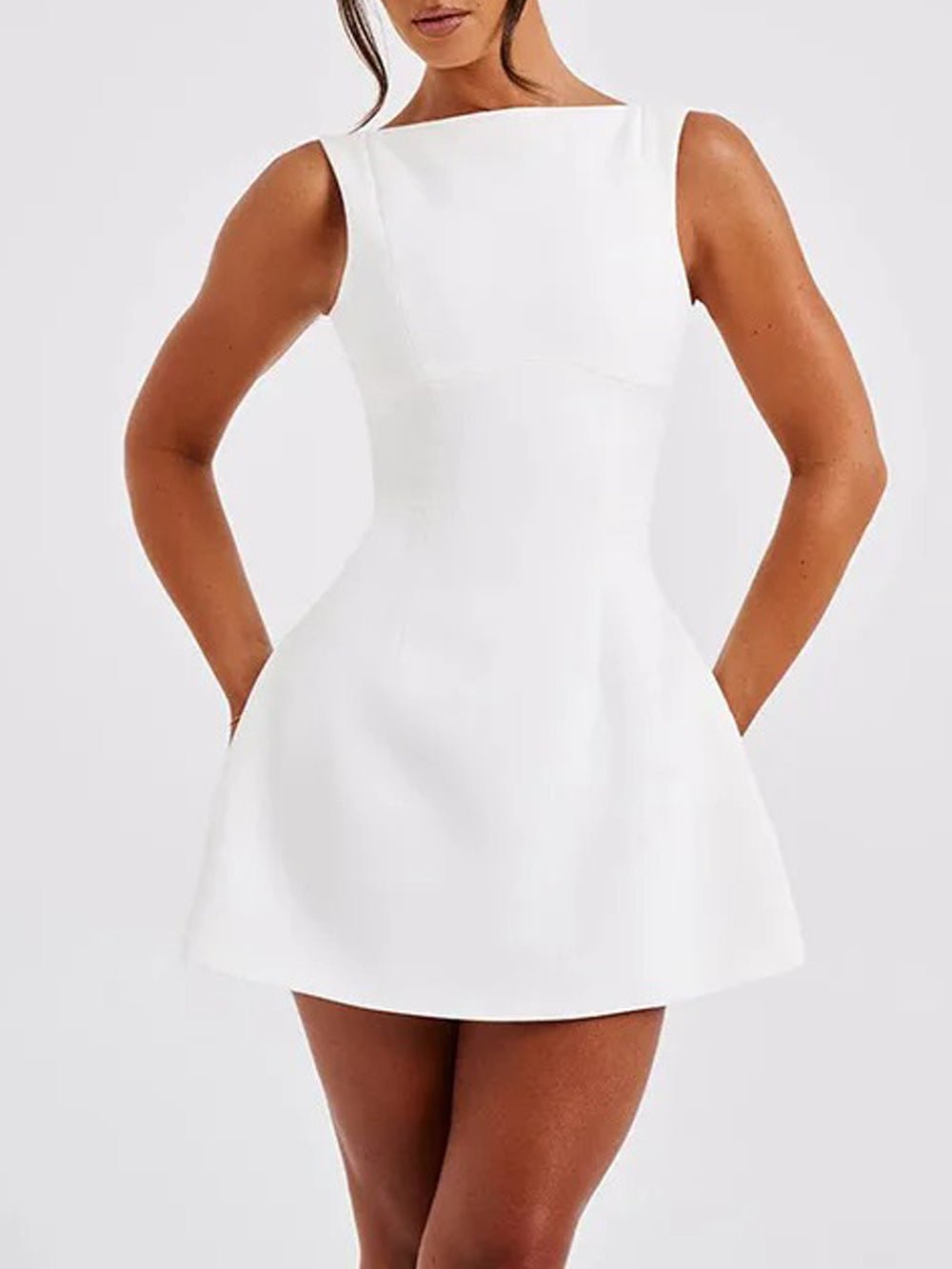 Boat Neck Princess Seam Side Pocket Structured Skater Mini Dress