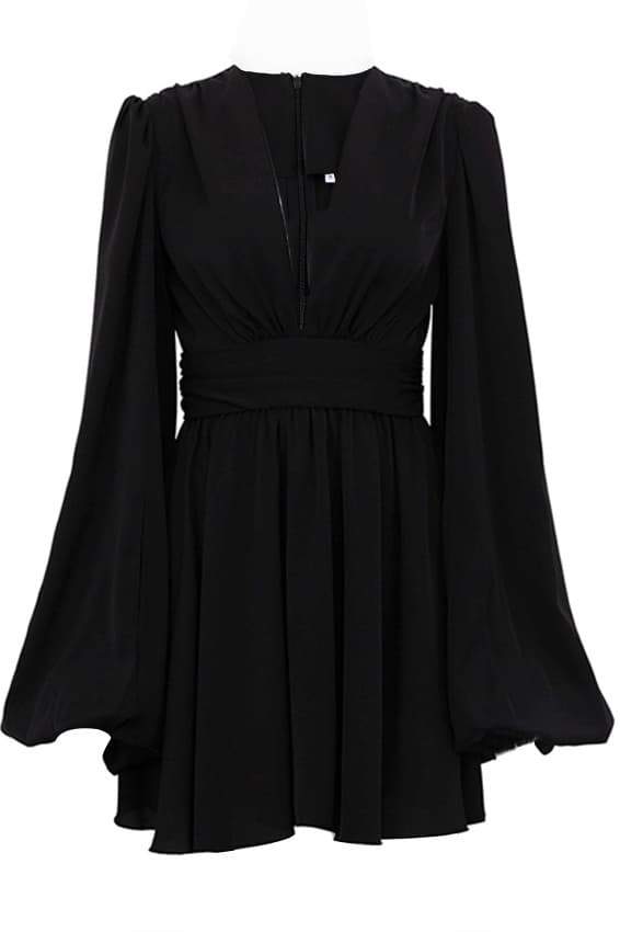 Deep V-Neck Bishop Sleeve Ruched Waist Pleated Mini Dress