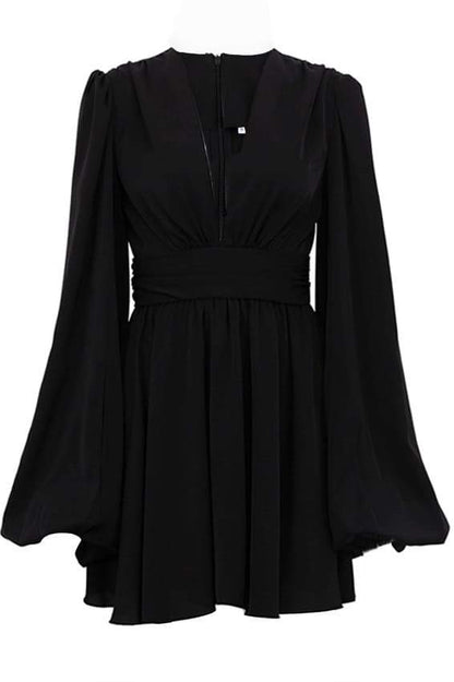 Deep V-Neck Bishop Sleeve Ruched Waist Pleated Mini Dress