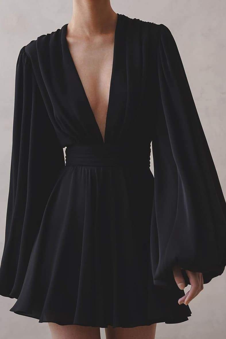 Deep V-Neck Bishop Sleeve Ruched Waist Pleated Mini Dress