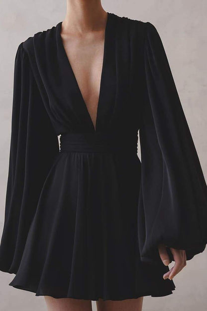 Deep V-Neck Bishop Sleeve Ruched Waist Pleated Mini Dress