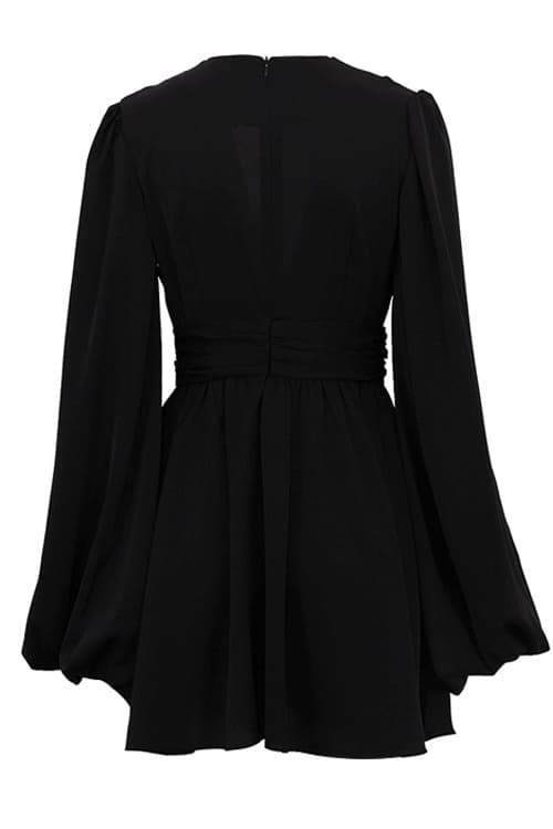 Deep V-Neck Bishop Sleeve Ruched Waist Pleated Mini Dress