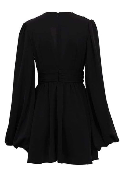 Deep V-Neck Bishop Sleeve Ruched Waist Pleated Mini Dress