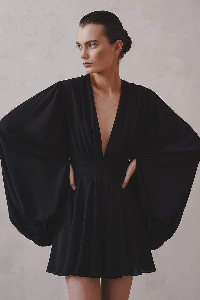 Deep V-Neck Bishop Sleeve Ruched Waist Pleated Mini Dress