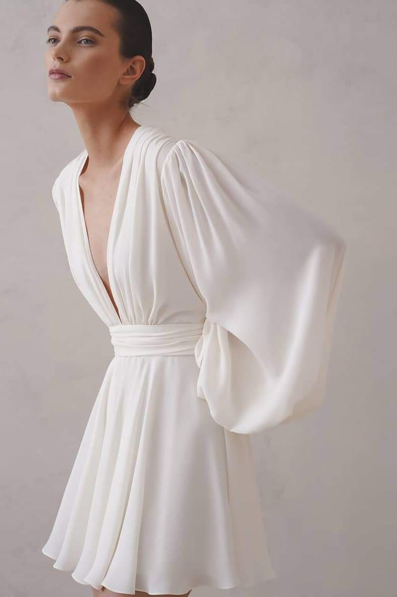 Deep V-Neck Bishop Sleeve Ruched Waist Pleated Mini Dress