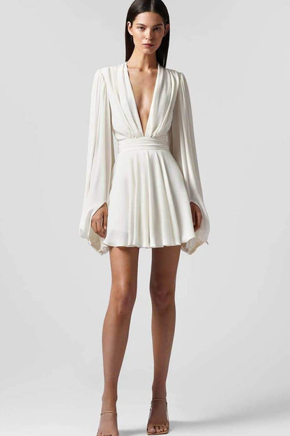 Deep V-Neck Bishop Sleeve Ruched Waist Pleated Mini Dress