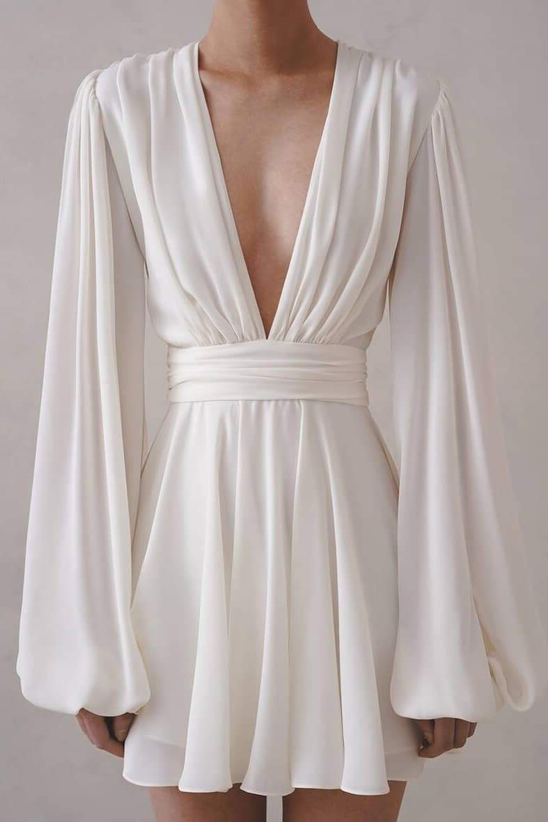 Deep V-Neck Bishop Sleeve Ruched Waist Pleated Mini Dress