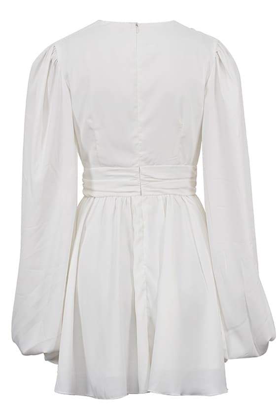 Deep V-Neck Bishop Sleeve Ruched Waist Pleated Mini Dress