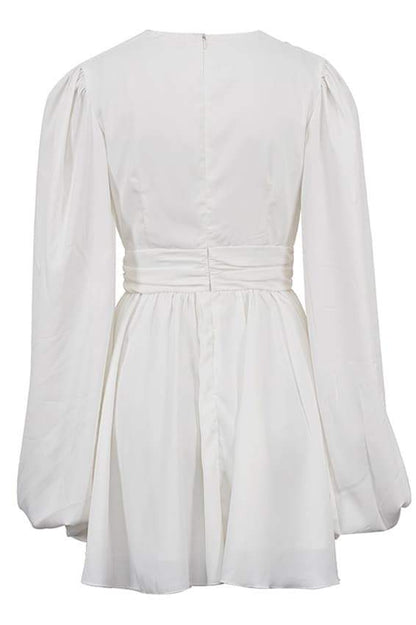 Deep V-Neck Bishop Sleeve Ruched Waist Pleated Mini Dress