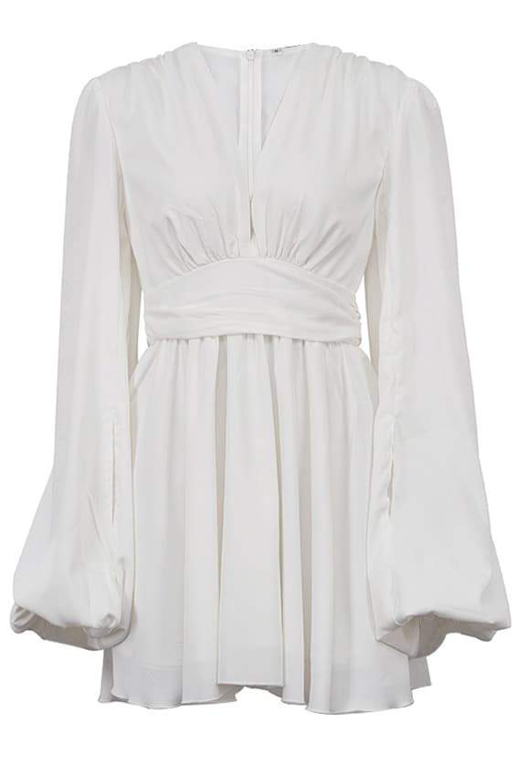 Deep V-Neck Bishop Sleeve Ruched Waist Pleated Mini Dress