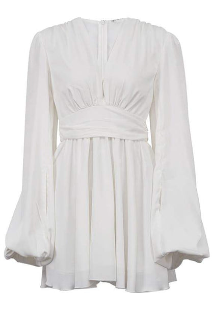 Deep V-Neck Bishop Sleeve Ruched Waist Pleated Mini Dress