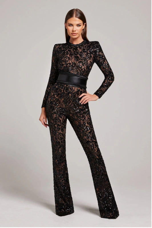 | Sheer Long-Sleeve Jumpsuit with Sequin Floral Pattern and Belted Waist