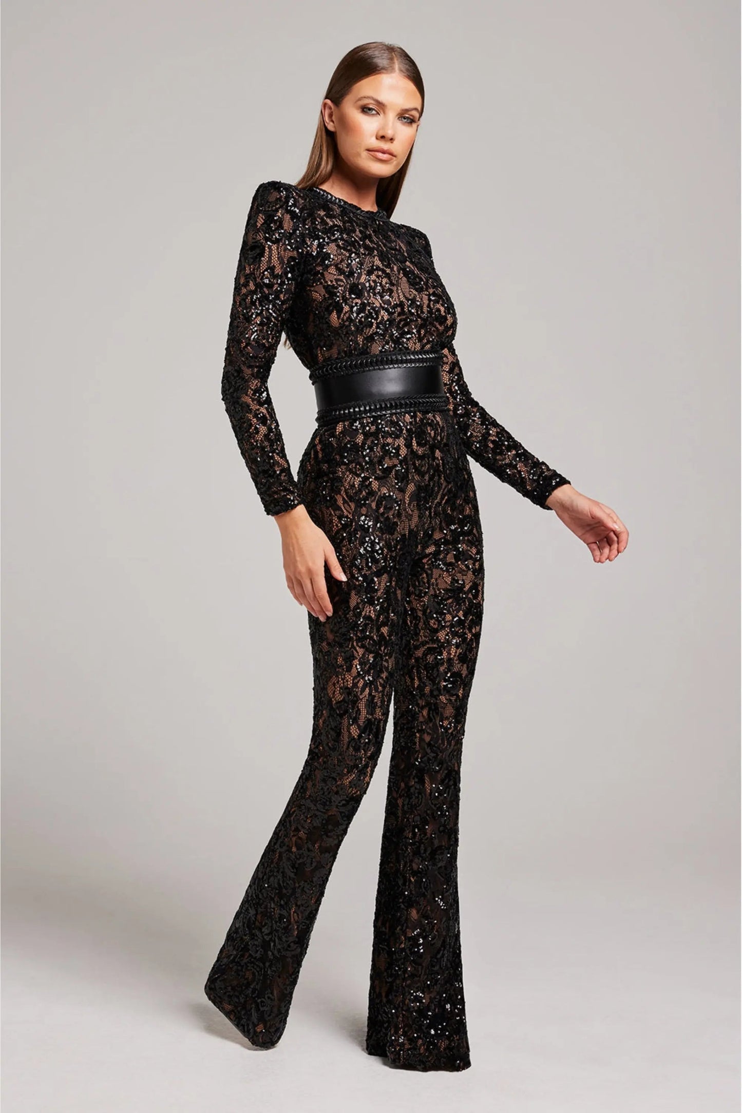 | Sheer Long-Sleeve Jumpsuit with Sequin Floral Pattern and Belted Waist