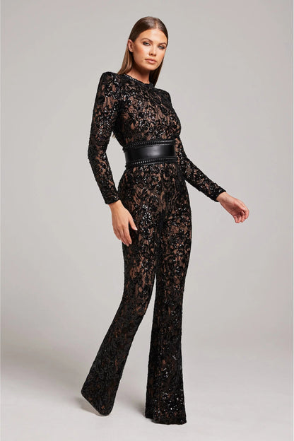 | Sheer Long-Sleeve Jumpsuit with Sequin Floral Pattern and Belted Waist