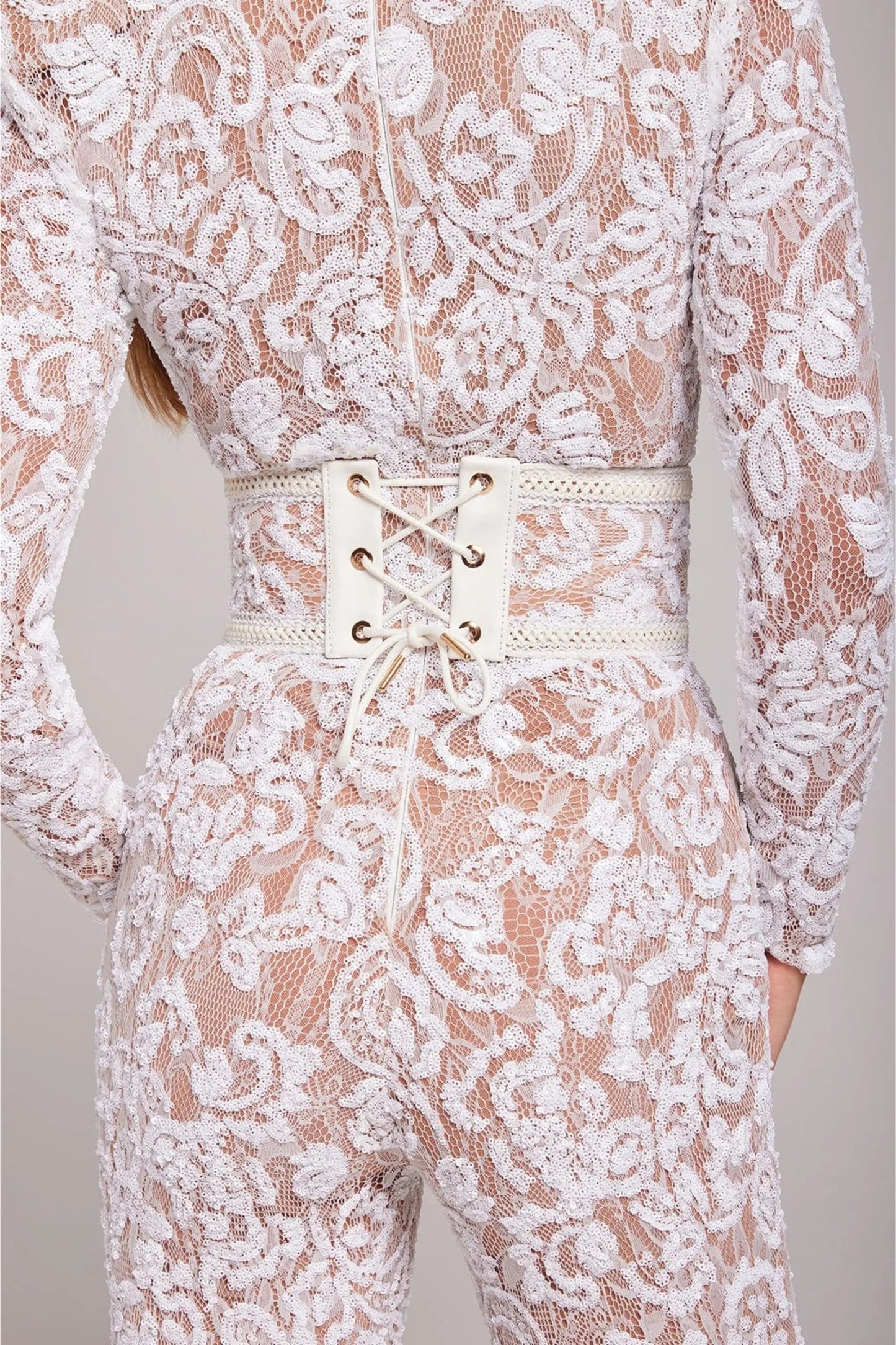 | Sheer Long-Sleeve Jumpsuit with Sequin Floral Pattern and Belted Waist