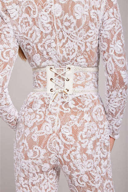 | Sheer Long-Sleeve Jumpsuit with Sequin Floral Pattern and Belted Waist