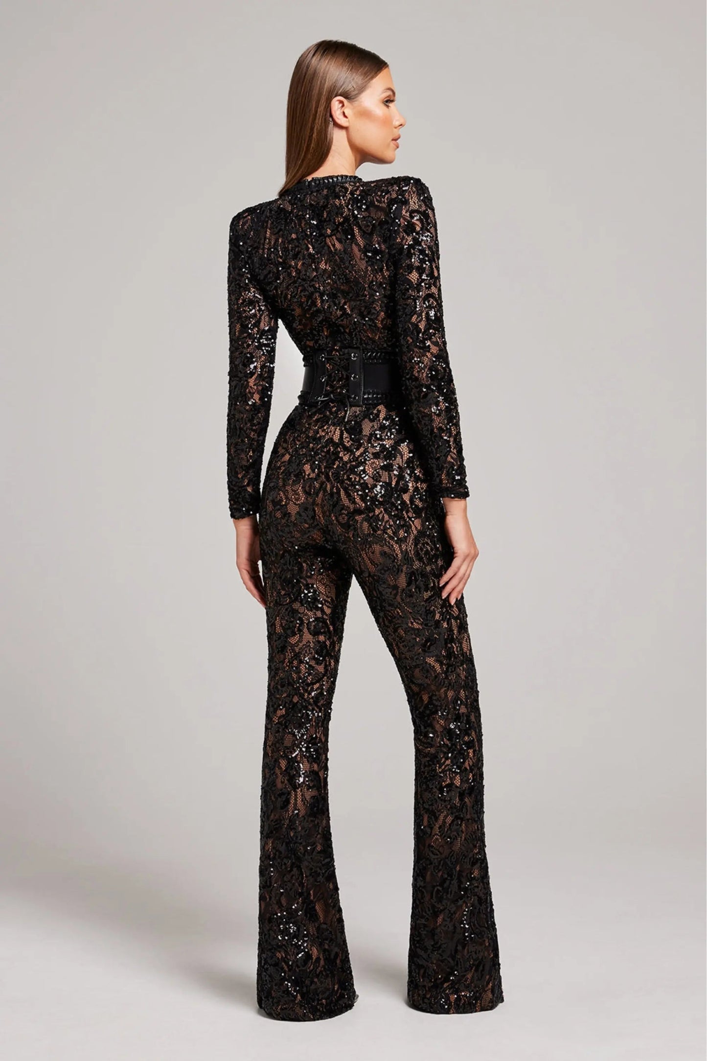 | Sheer Long-Sleeve Jumpsuit with Sequin Floral Pattern and Belted Waist
