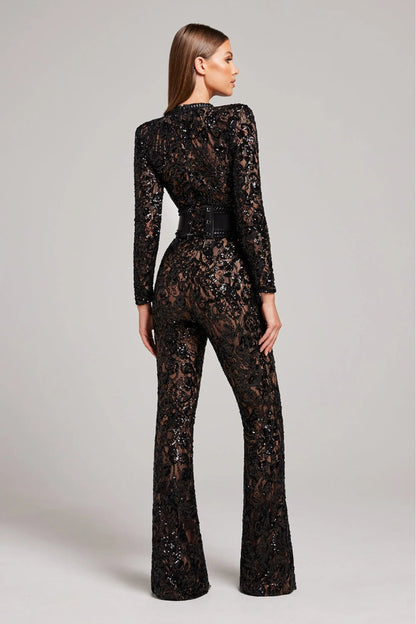 | Sheer Long-Sleeve Jumpsuit with Sequin Floral Pattern and Belted Waist