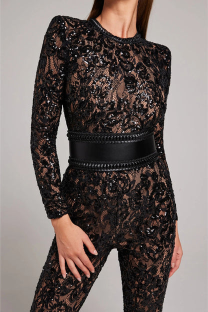 | Sheer Long-Sleeve Jumpsuit with Sequin Floral Pattern and Belted Waist