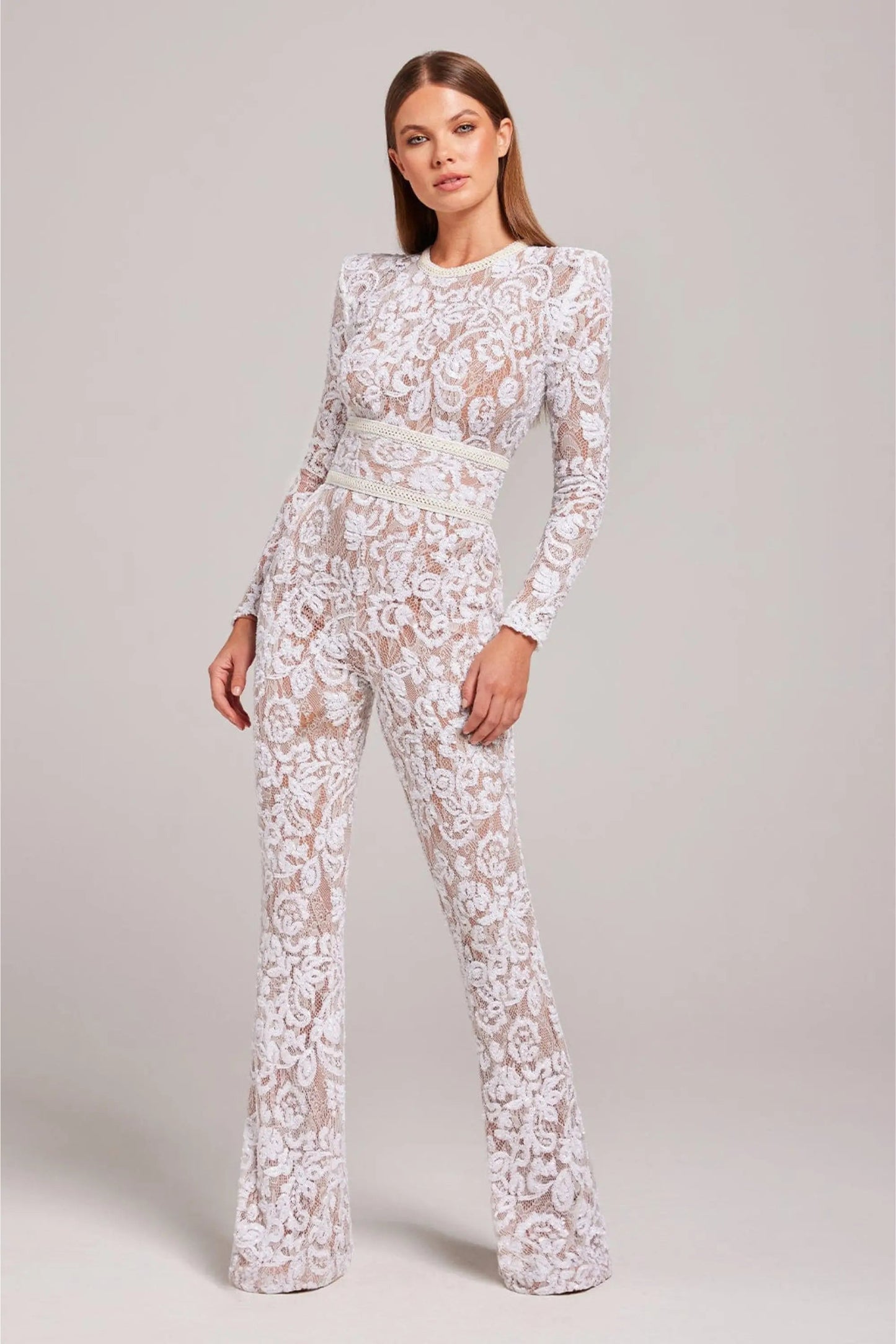 | Sheer Long-Sleeve Jumpsuit with Sequin Floral Pattern and Belted Waist