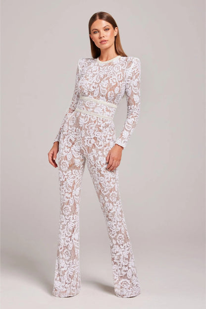 | Sheer Long-Sleeve Jumpsuit with Sequin Floral Pattern and Belted Waist
