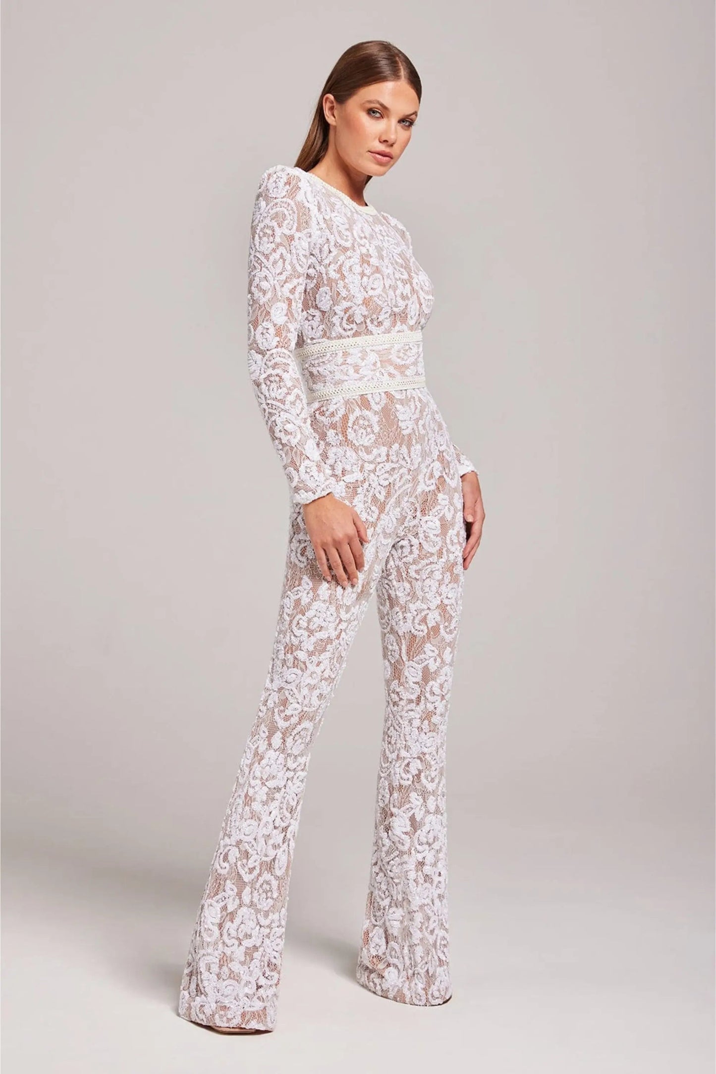 | Sheer Long-Sleeve Jumpsuit with Sequin Floral Pattern and Belted Waist