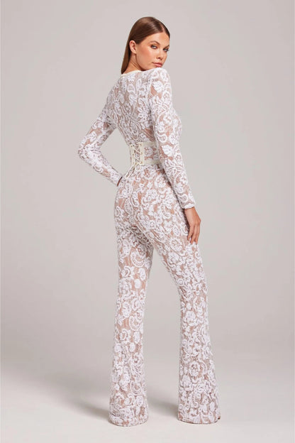 | Sheer Long-Sleeve Jumpsuit with Sequin Floral Pattern and Belted Waist