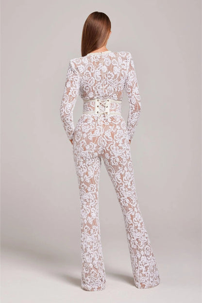 | Sheer Long-Sleeve Jumpsuit with Sequin Floral Pattern and Belted Waist