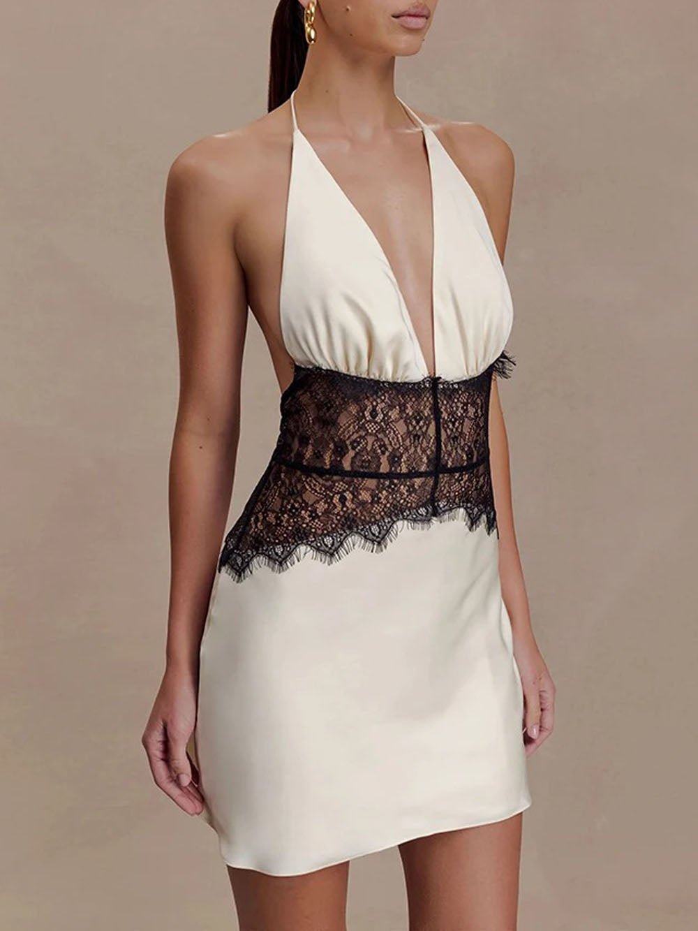 Lace Inset Plunging Halter Neck Satin Mini Slip Dress