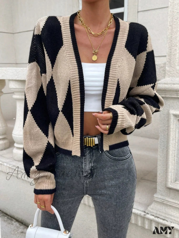 Amy Fashion - Argyle Pattern Drop Shoulder Duster Cardigan