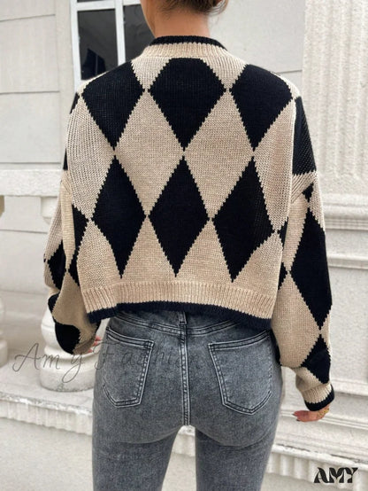 Amy Fashion - Argyle Pattern Drop Shoulder Duster Cardigan