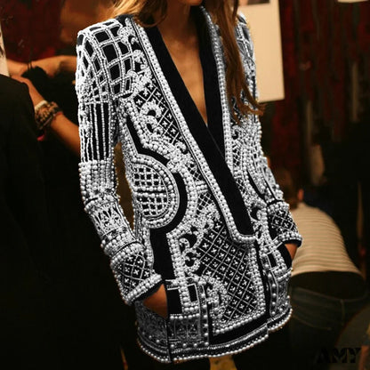 Amy Fashion - Beading Design Long Sleeve Vintage Coat