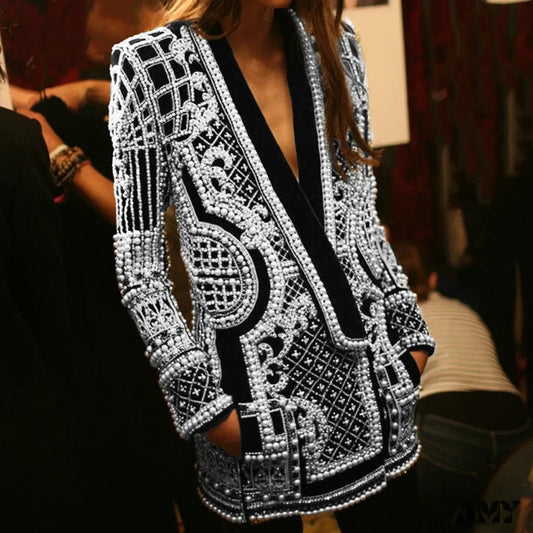 Amy Fashion - Beading Design Long Sleeve Vintage Coat