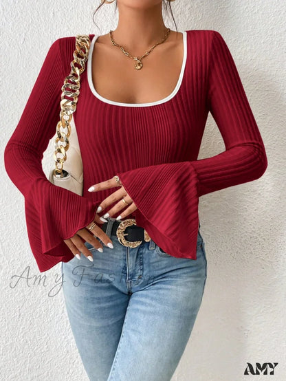 Amy Fashion - Binding Flounce Sleeve Scoop Neck Tee