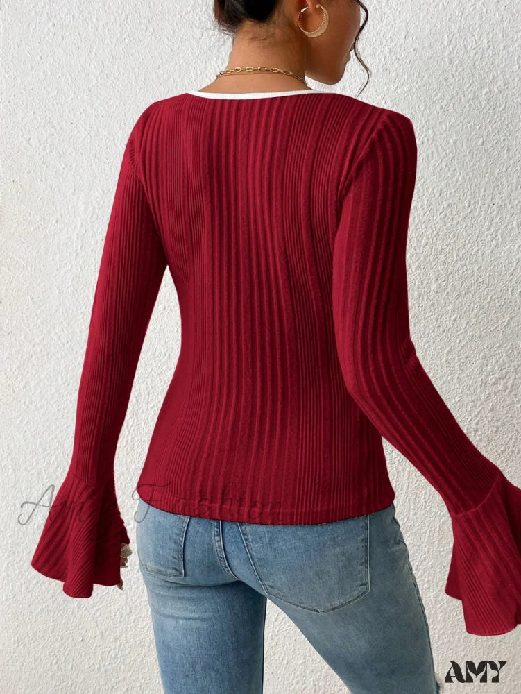 Amy Fashion - Binding Flounce Sleeve Scoop Neck Tee