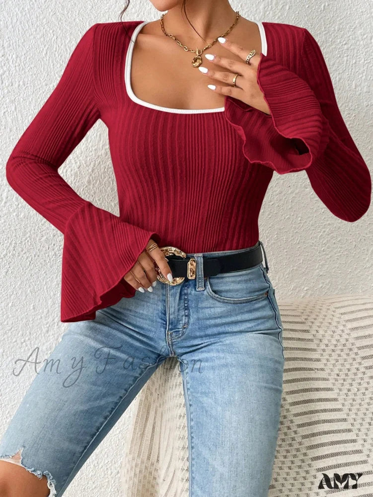 Amy Fashion - Binding Flounce Sleeve Scoop Neck Tee