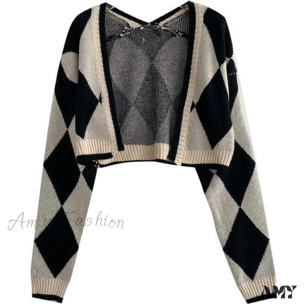 Amy Fashion - Black Blue Daily Plaid Knitwear Cardigan